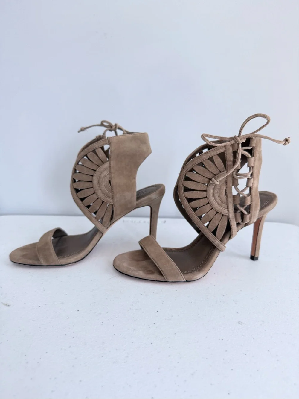 Tory Burch Brown Suede Lace Up Strappy Stiletto Sandals Cutout Heels Size 5